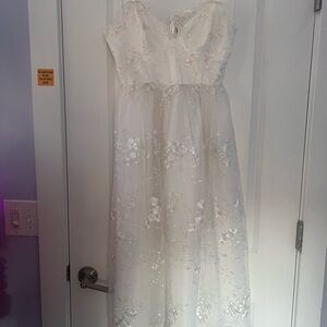 White Mesh Embroidered Tie-Strap Midi Dress. Perfect for bridal